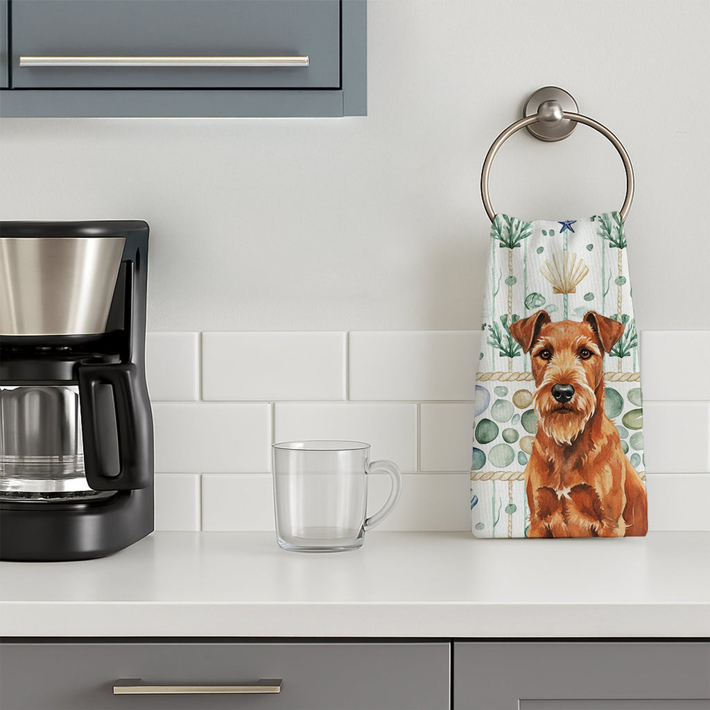 Irish Terrier Coastal Sea Glass Kitchen Towel Velour Plush Front and Cotton Loop Back Machine Washable