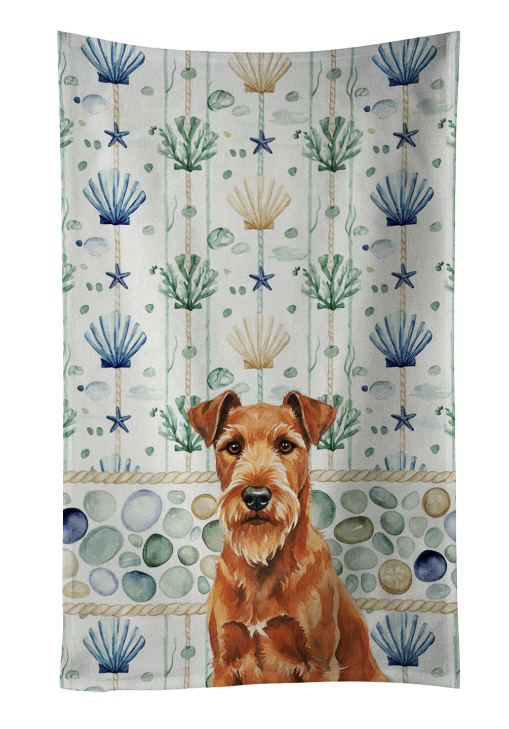 Irish Terrier Coastal Sea Glass Kitchen Towel Velour Plush Front and Cotton Loop Back Machine Washable