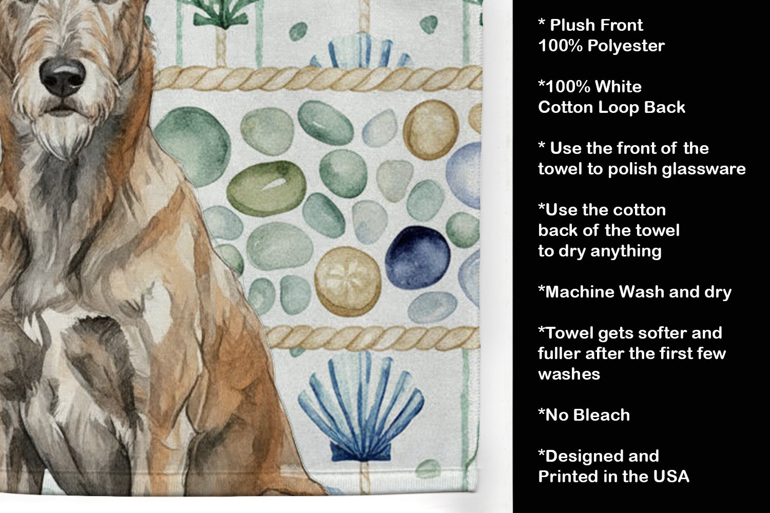 Brindle Irish Wolfhound Coastal Sea Glass Kitchen Towel Velour Plush Front and Cotton Loop Back Machine Washable