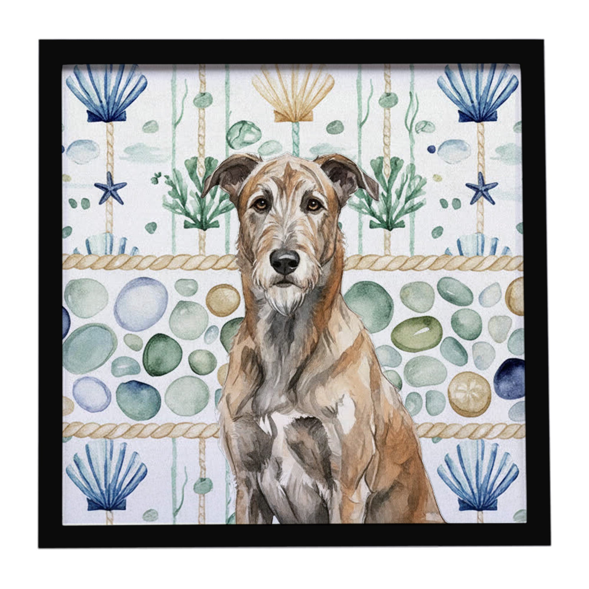 Brindle Irish Wolfhound Coastal Sea Glass Framed Metal Print Bathroom, Kitchen, Office, Home Decor Wall Art Ready to Hang, Square, 8X8