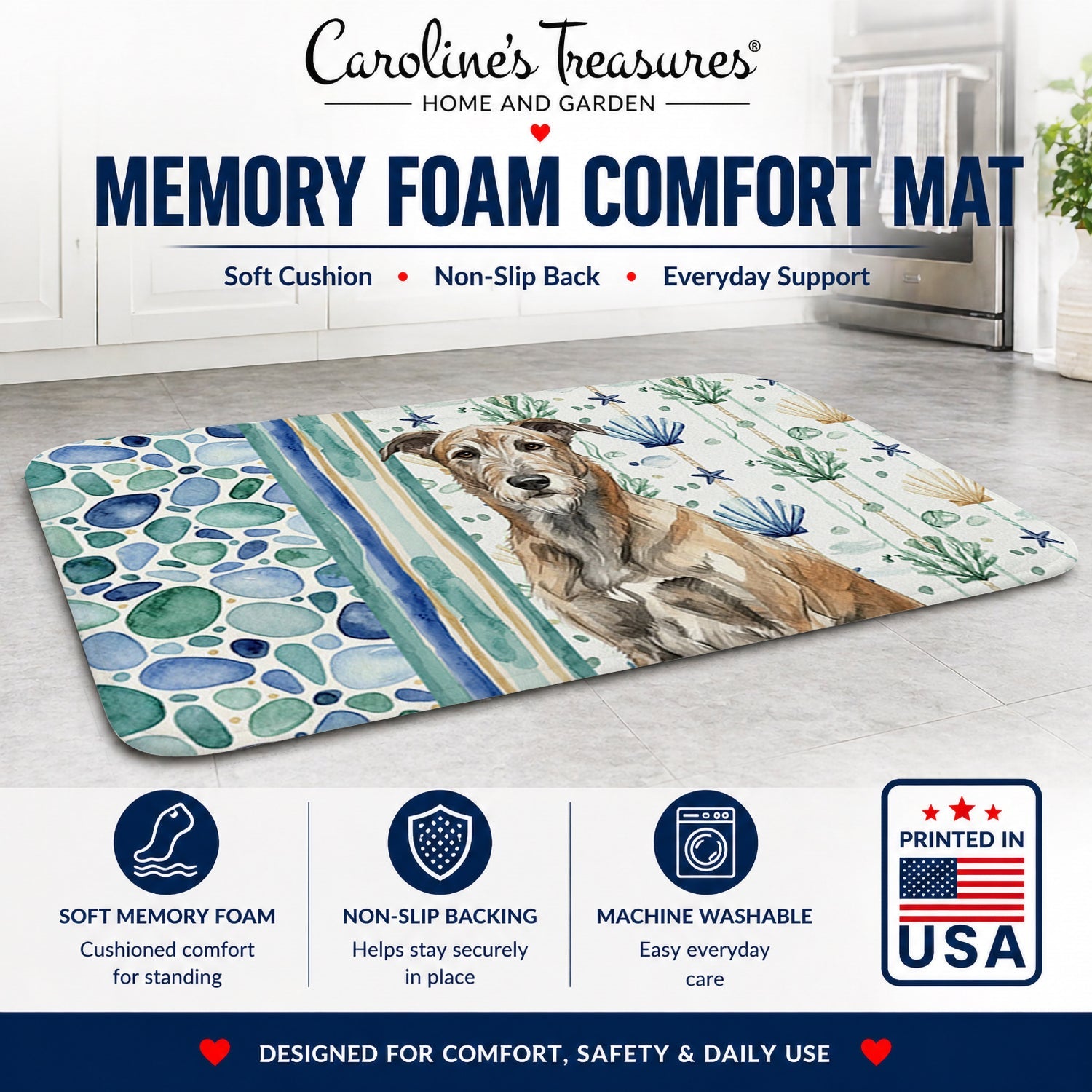 Brindle Irish Wolfhound Coastal Sea Glass Memory Foam Kitchen Mat Machine Washable Anti-Fatigue Cushion Comfort Bath or Kitchen Rug