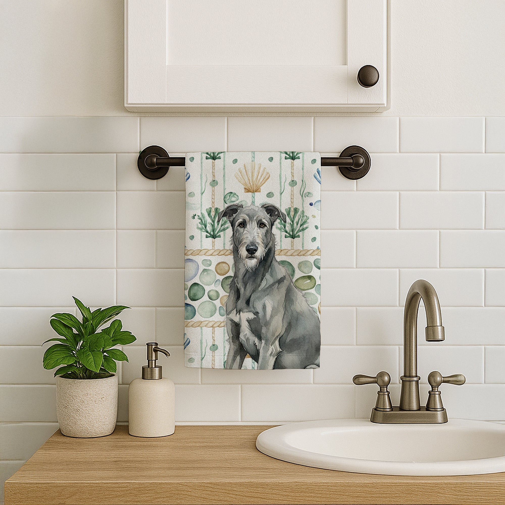 Gray Irish Wolfhound Coastal Sea Glass Kitchen Towel Velour Plush Front and Cotton Loop Back Machine Washable