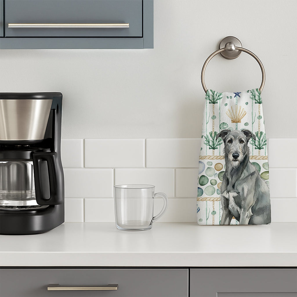 Gray Irish Wolfhound Coastal Sea Glass Kitchen Towel Velour Plush Front and Cotton Loop Back Machine Washable