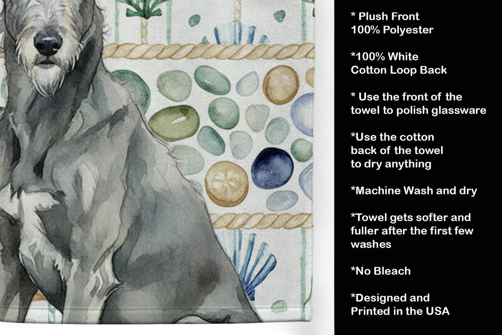 Gray Irish Wolfhound Coastal Sea Glass Kitchen Towel Velour Plush Front and Cotton Loop Back Machine Washable