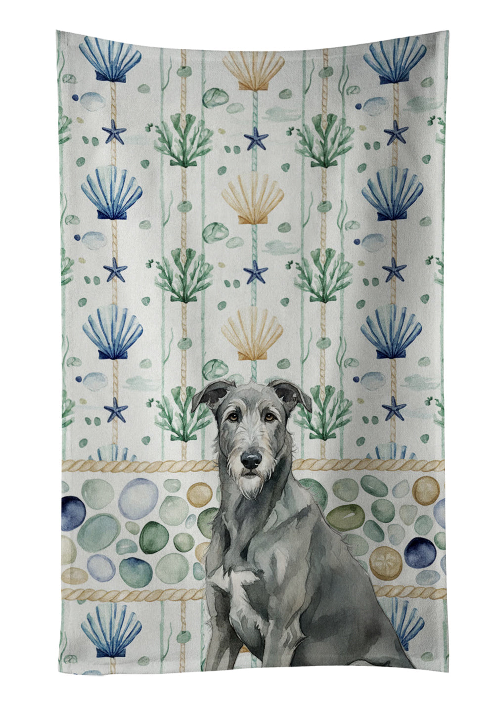 Gray Irish Wolfhound Coastal Sea Glass Kitchen Towel Velour Plush Front and Cotton Loop Back Machine Washable
