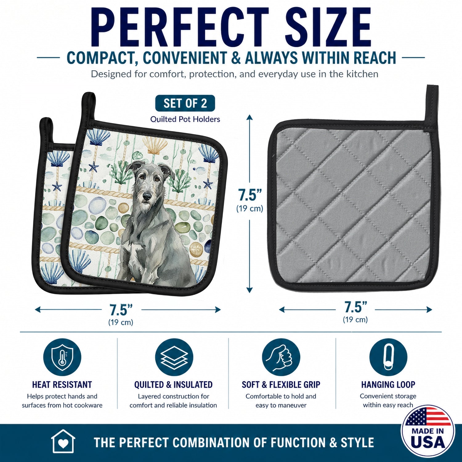 Gray Irish Wolfhound Coastal Sea Glass Pot Holder Set of 2 Heat Resistant Quilted Hot Pads 7.5 x 7.5 Inch, Insulated Kitchen Trivets for Cooking & Baking