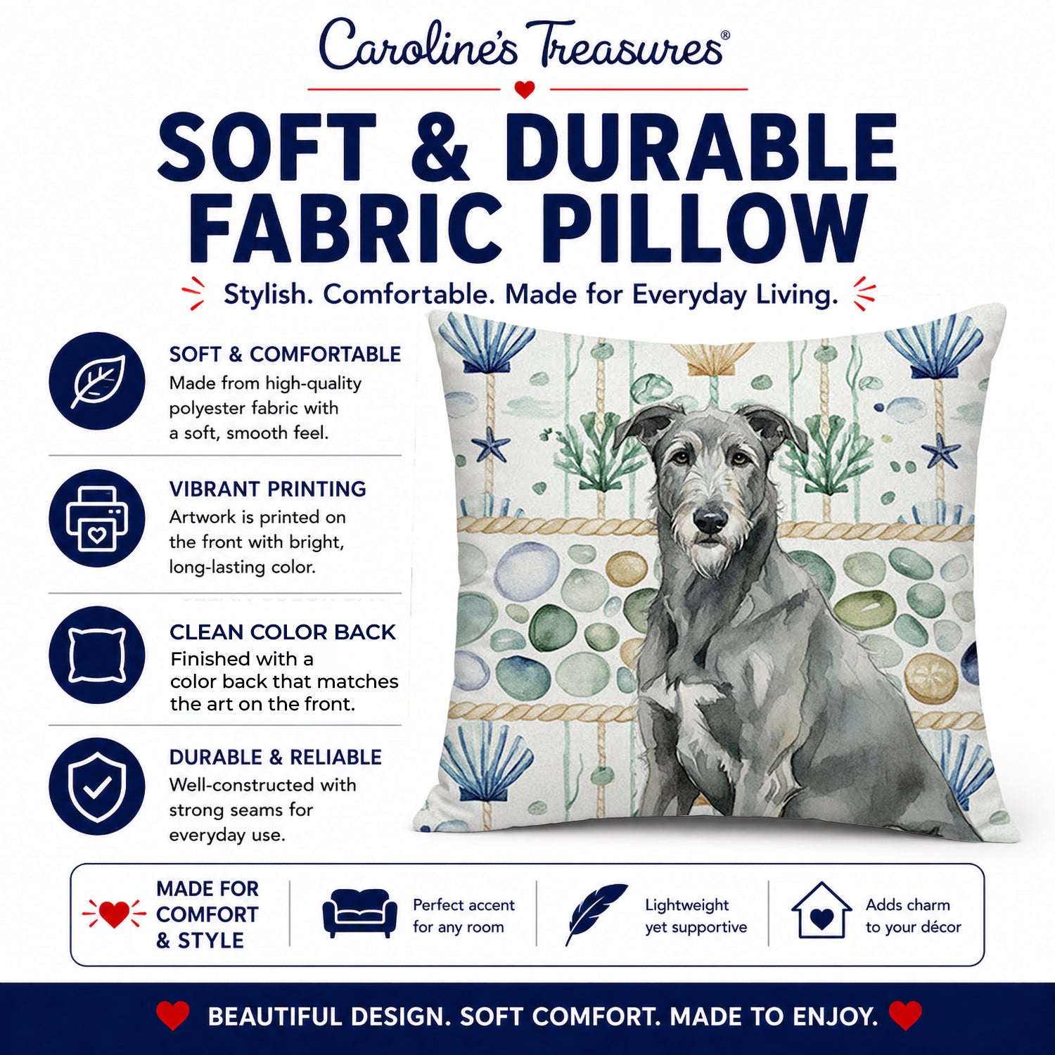 Gray Irish Wolfhound Coastal Sea Glass Decorative Throw Pillow 14x14 Indoor Outdoor Accent Cushion, Fabric Cover with Insert for Sofa, Bed, Porch & Living Room