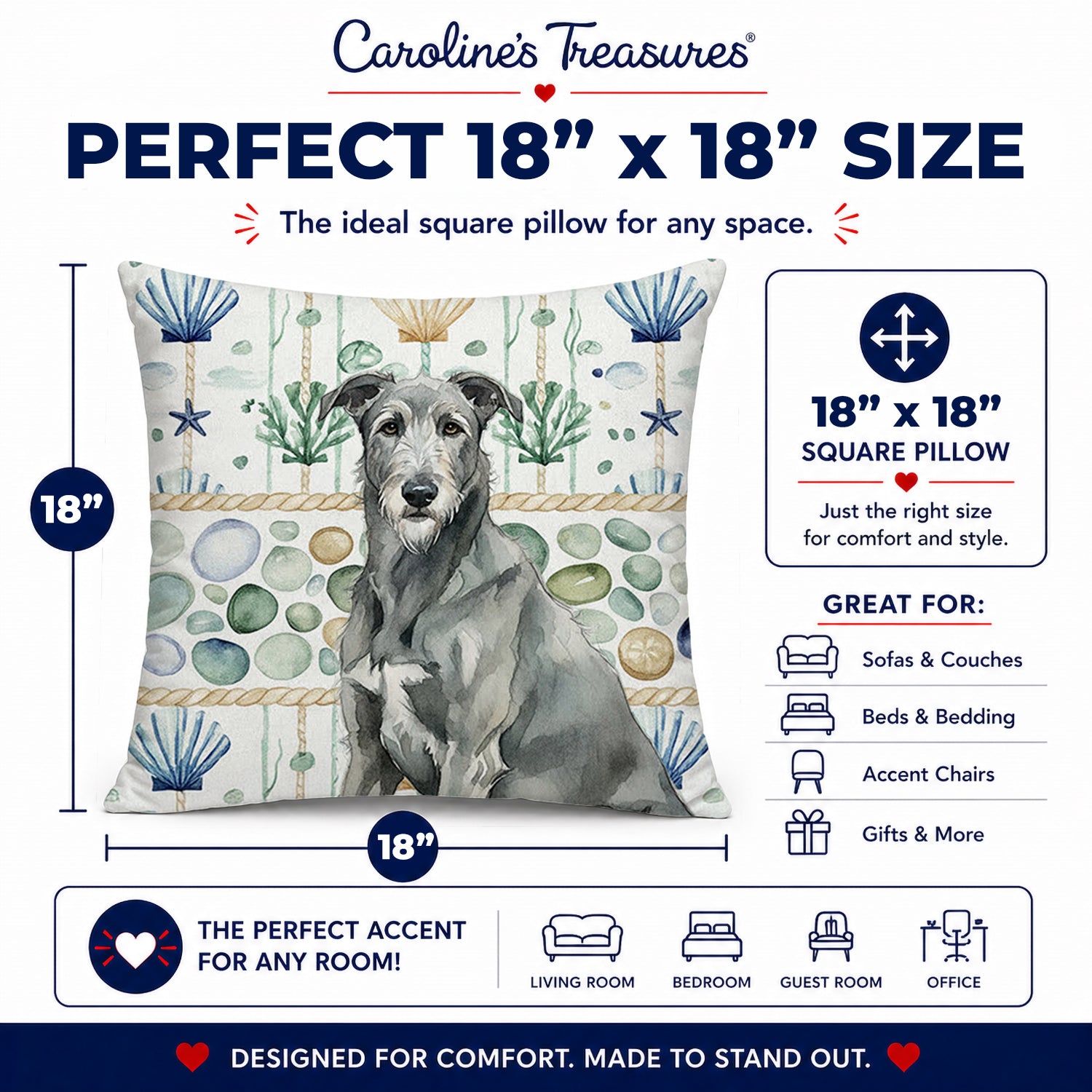 Gray Irish Wolfhound Coastal Sea Glass Decorative Throw Pillow 18x18 Indoor Outdoor Accent Cushion, Fabric Cover with Insert for Sofa, Bed, Porch & Living Room