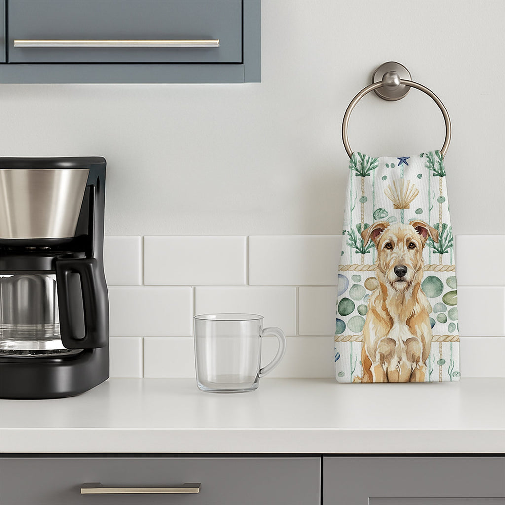 Wheaten Irish Wolfhound Coastal Sea Glass Kitchen Towel Velour Plush Front and Cotton Loop Back Machine Washable