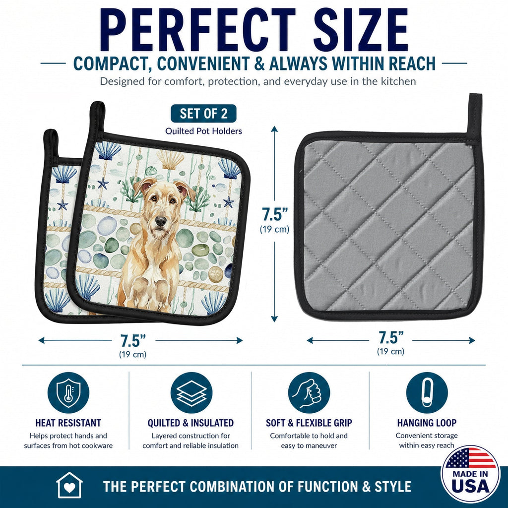 Wheaten Irish Wolfhound Coastal Sea Glass Pot Holder Set of 2 Heat Resistant Quilted Hot Pads 7.5 x 7.5 Inch, Insulated Kitchen Trivets for Cooking & Baking