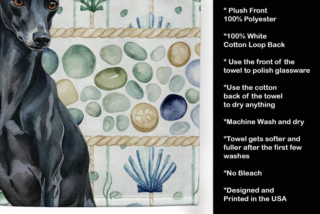 Black Italian Greyhound Coastal Sea Glass Kitchen Towel Velour Plush Front and Cotton Loop Back Machine Washable