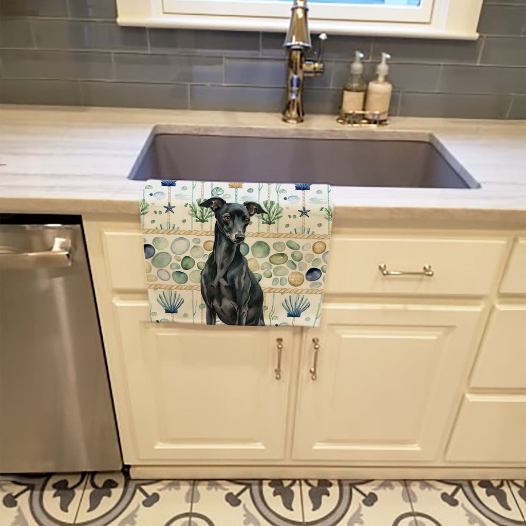 Black Italian Greyhound Coastal Sea Glass Kitchen Towel Velour Plush Front and Cotton Loop Back Machine Washable