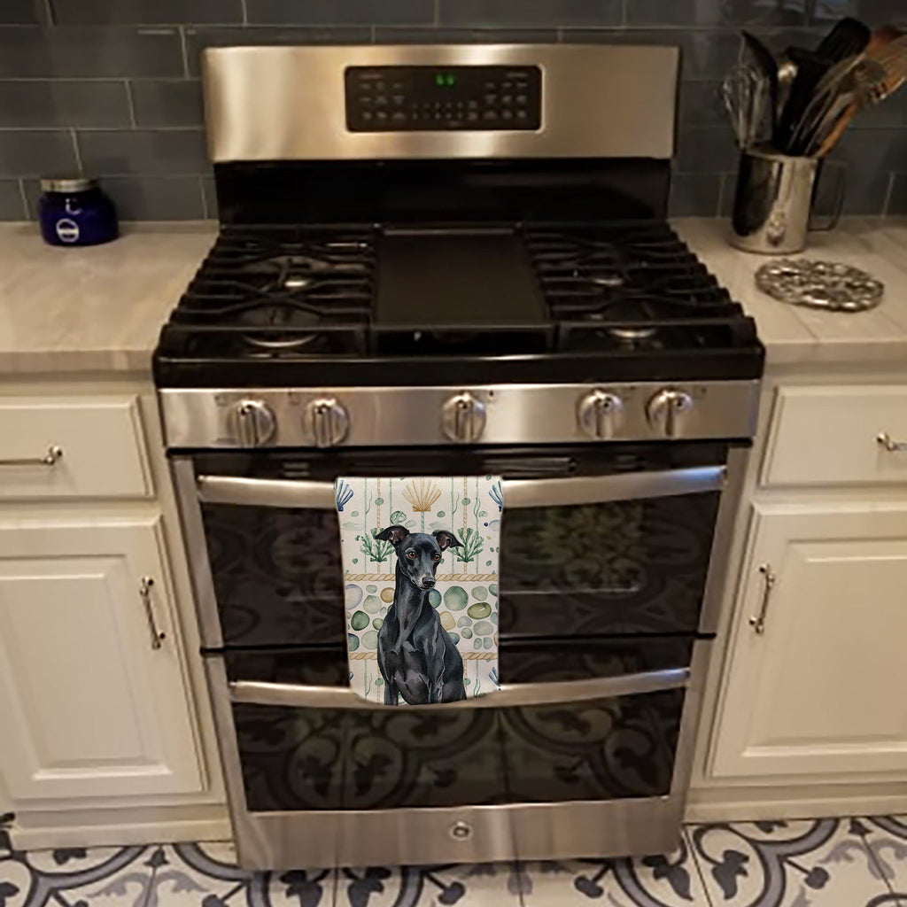 Black Italian Greyhound Coastal Sea Glass Kitchen Towel Velour Plush Front and Cotton Loop Back Machine Washable