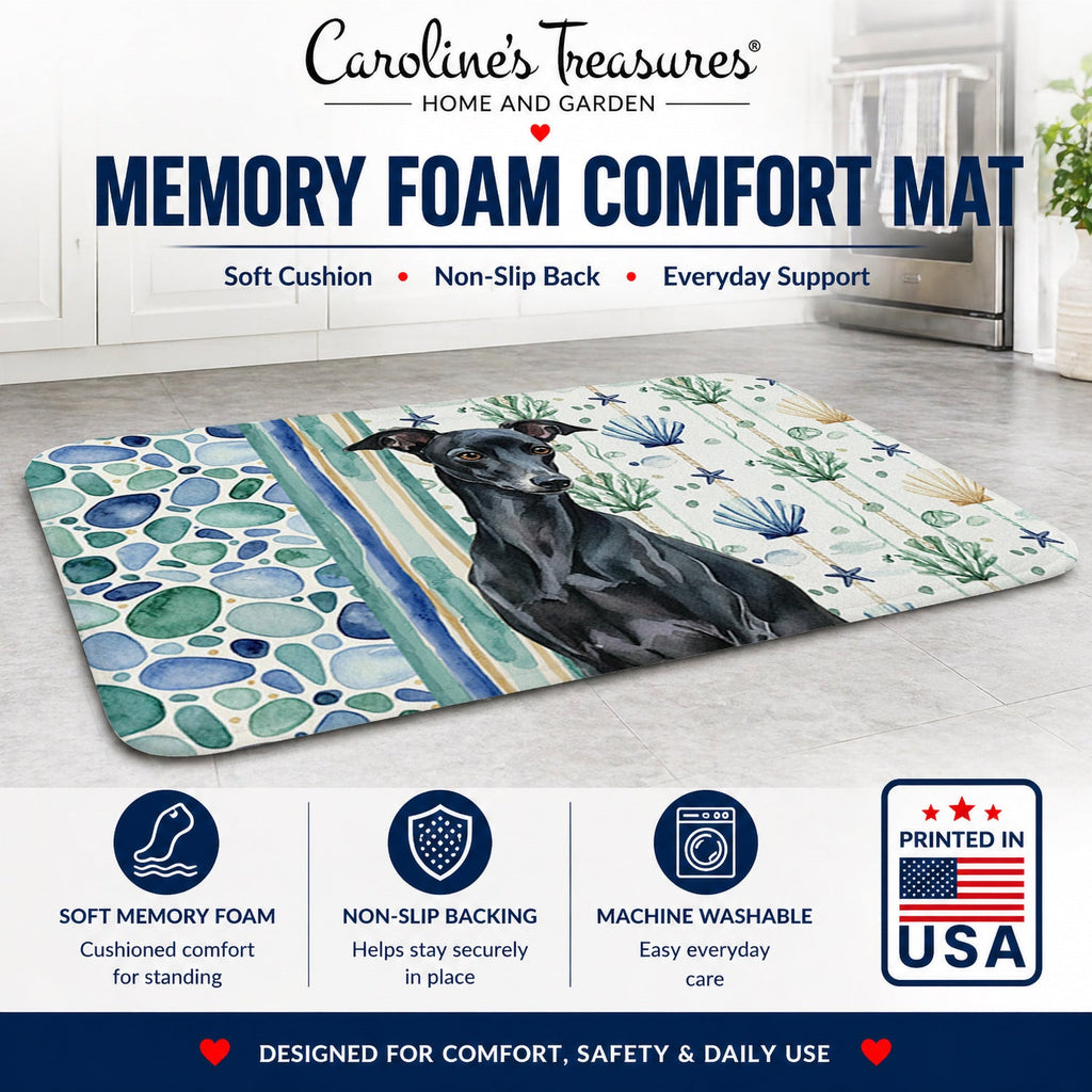Black Italian Greyhound Coastal Sea Glass Memory Foam Kitchen Mat Machine Washable Anti-Fatigue Cushion Comfort Bath or Kitchen Rug