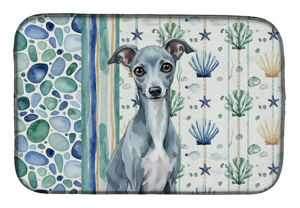 Blue Italian Greyhound Coastal Sea Glass Dish Drying Mat Absorbent Dish Drying Mat Pad for Kitchen Counter Dish Drainer Mat for Countertop, 14 x 21", Multicolor