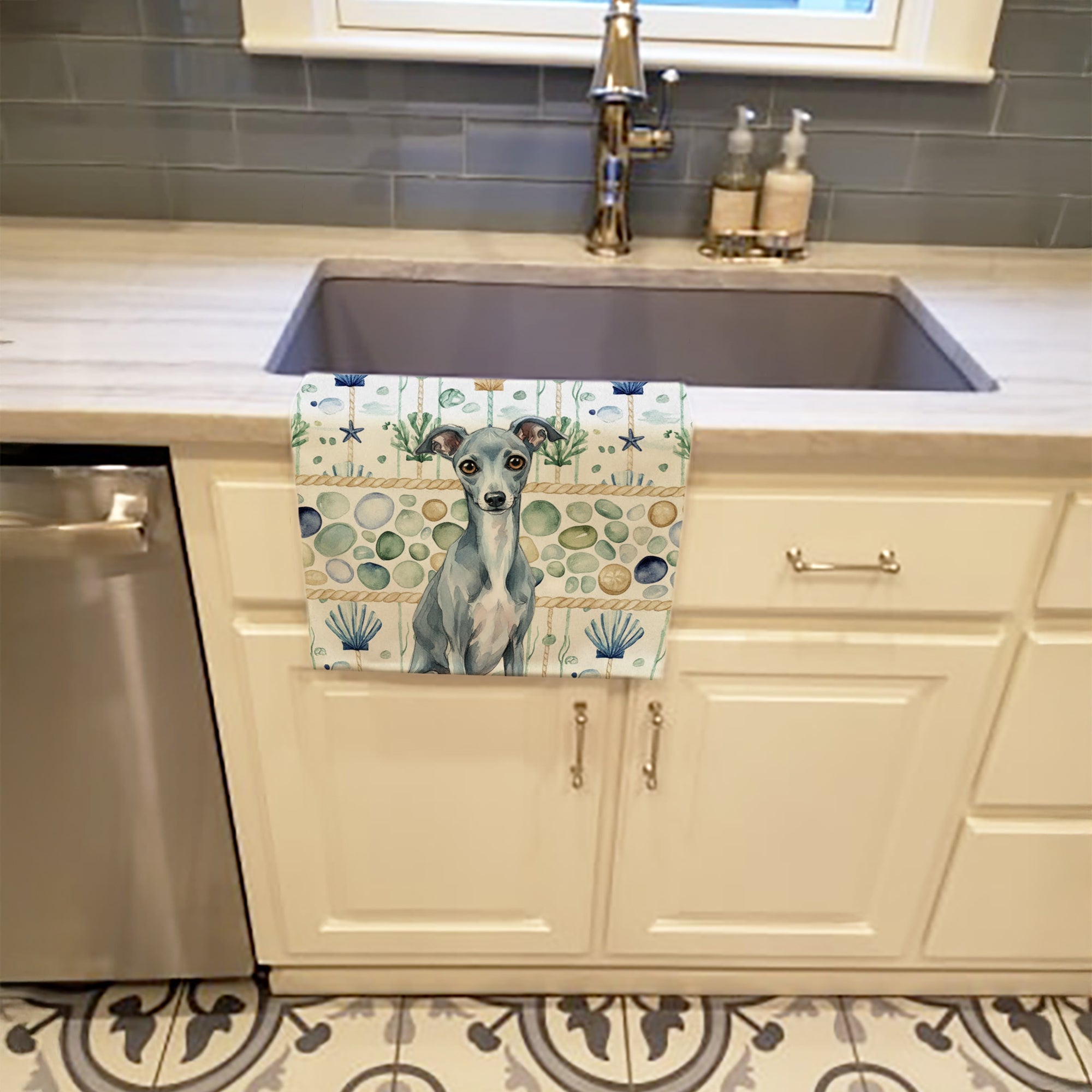 Blue Italian Greyhound Coastal Sea Glass Kitchen Towel Velour Plush Front and Cotton Loop Back Machine Washable