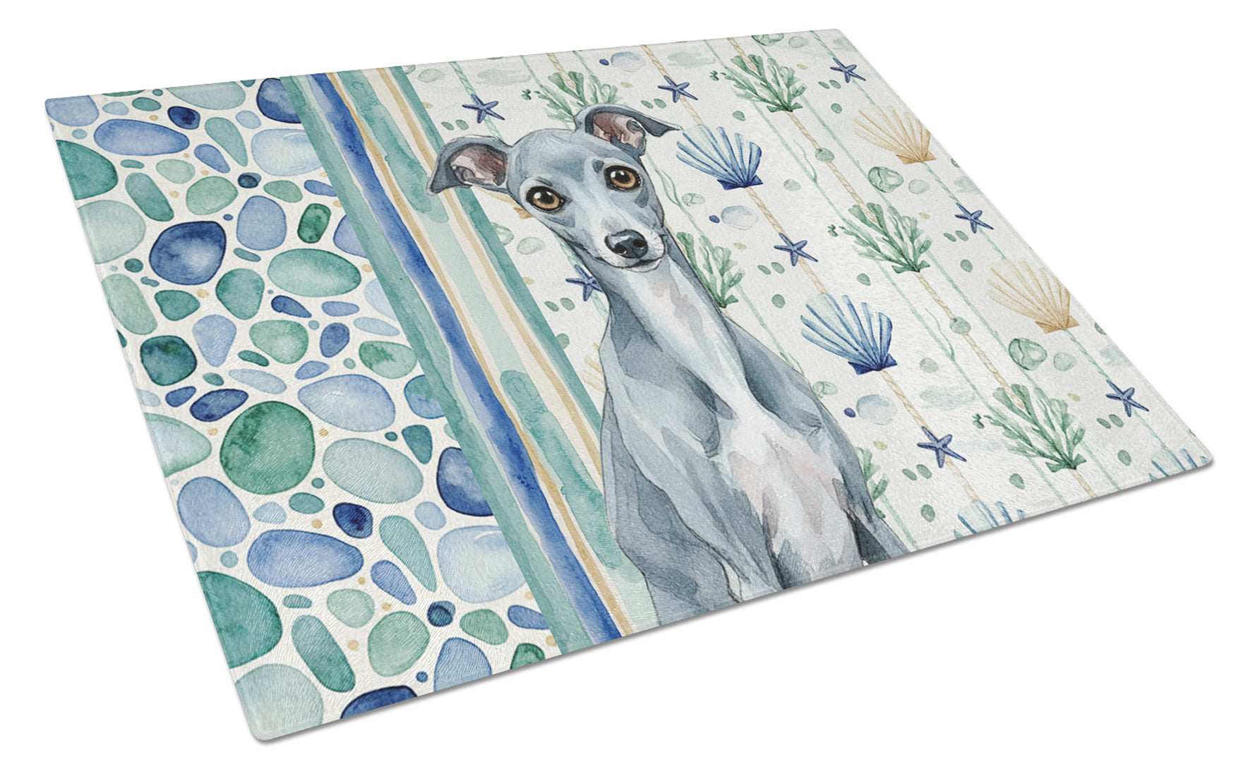 Blue Italian Greyhound Coastal Sea Glass Cutting Board Tempered Glass Kitchen Cutting Surface, Heat Resistant Chopping, Non-Slip Feet, Food Prep & Serving