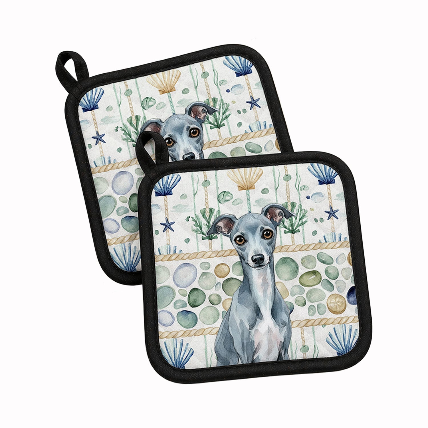 Blue Italian Greyhound Coastal Sea Glass Pot Holder Set of 2 Heat Resistant Quilted Hot Pads 7.5 x 7.5 Inch, Insulated Kitchen Trivets for Cooking & Baking