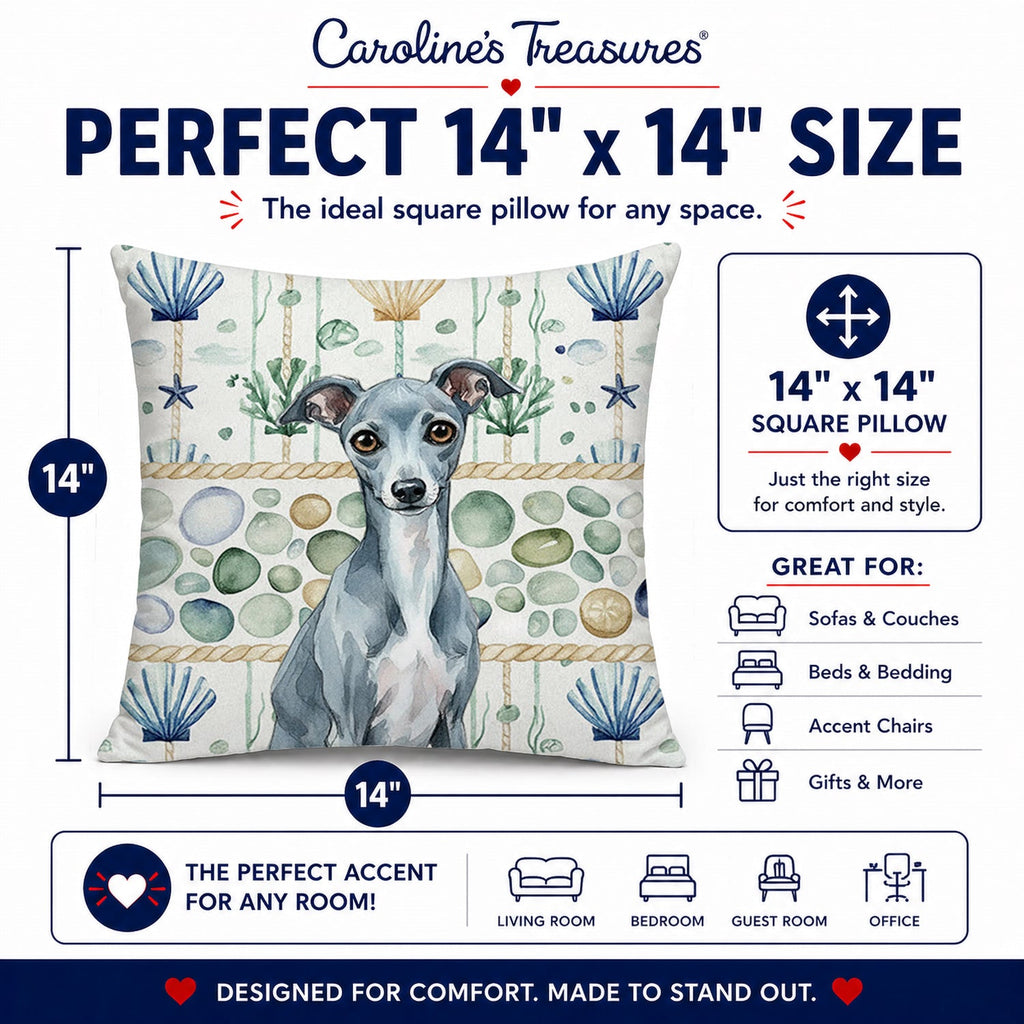 Blue Italian Greyhound Coastal Sea Glass Decorative Throw Pillow 14x14 Indoor Outdoor Accent Cushion, Fabric Cover with Insert for Sofa, Bed, Porch & Living Room