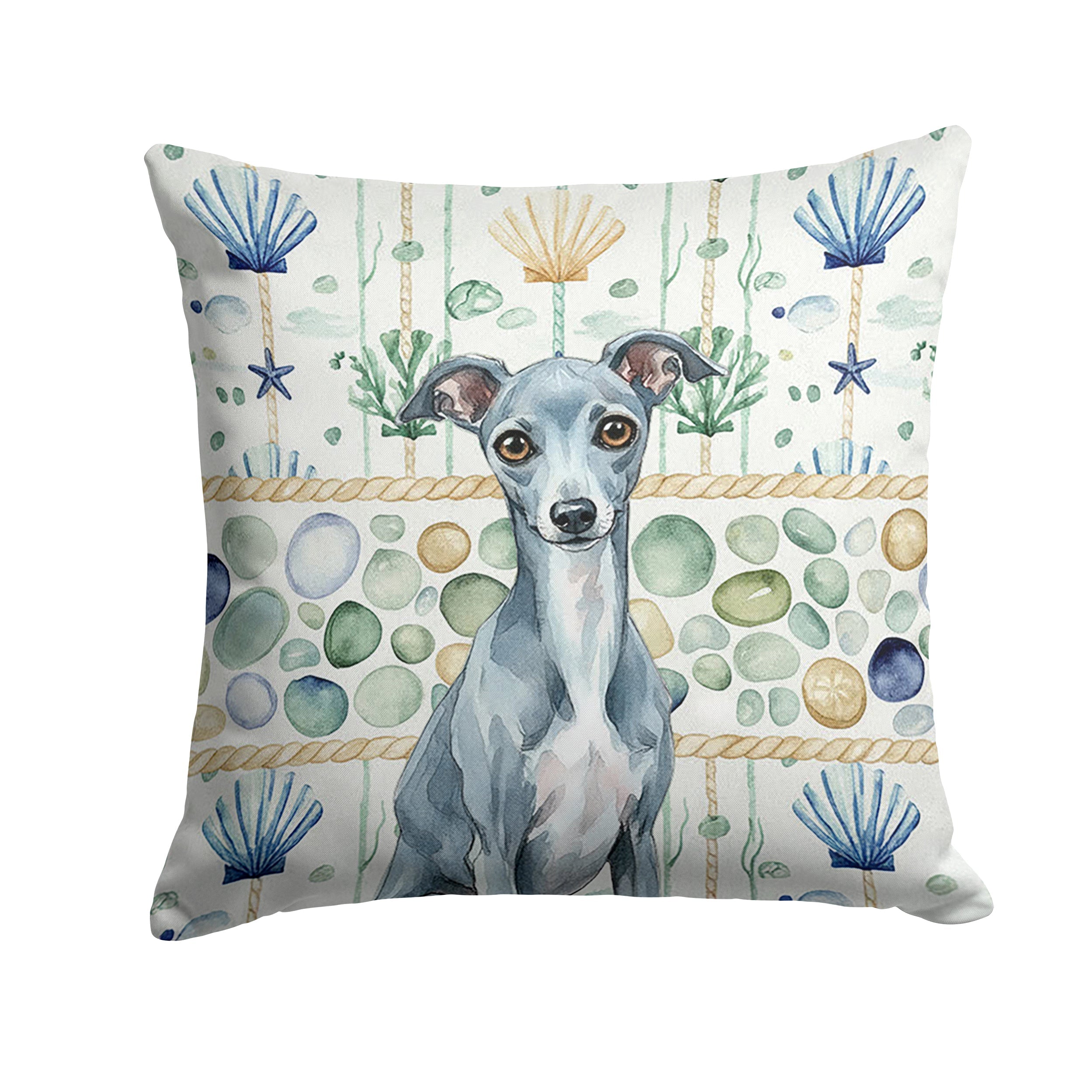 Blue Italian Greyhound Coastal Sea Glass Decorative Throw Pillow 14x14 Indoor Outdoor Accent Cushion, Fabric Cover with Insert for Sofa, Bed, Porch & Living Room