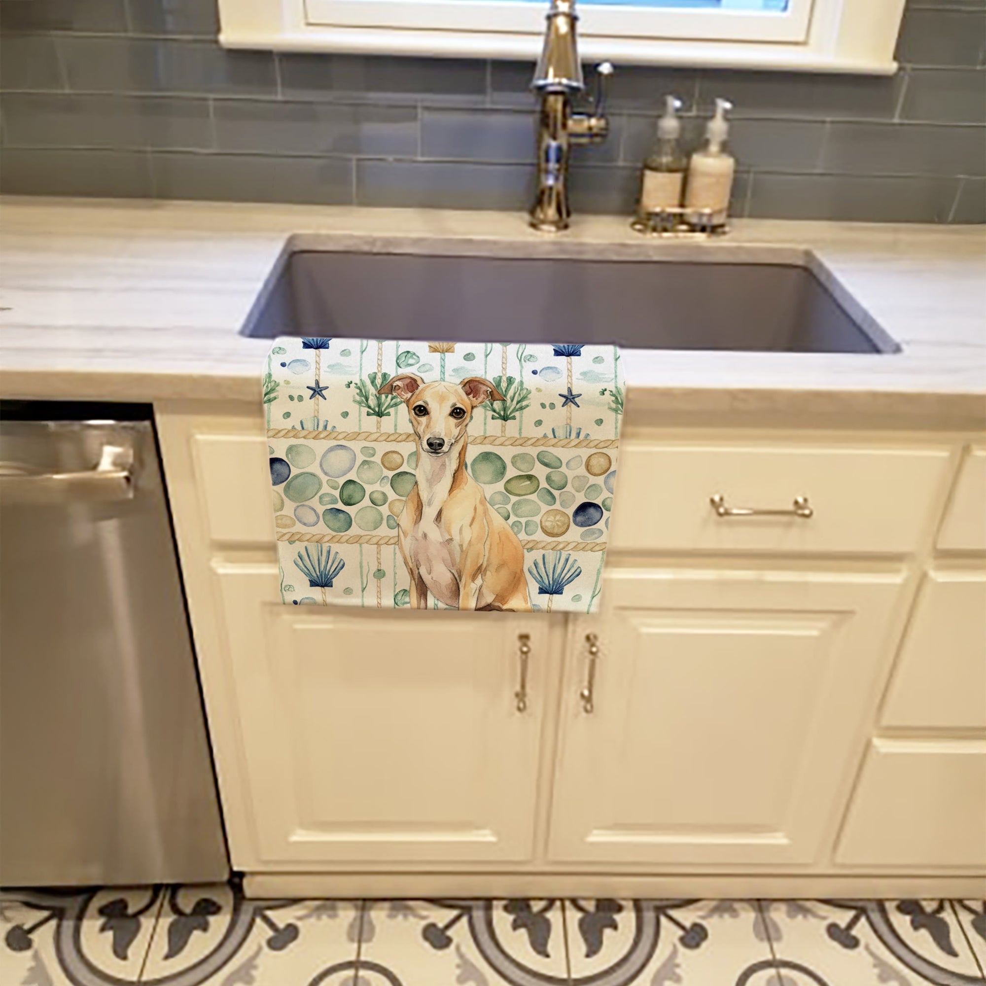 Fawn Italian Greyhound Coastal Sea Glass Kitchen Towel Velour Plush Front and Cotton Loop Back Machine Washable