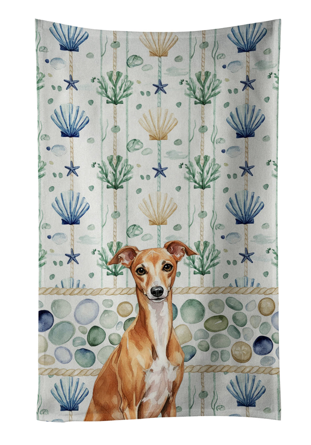 Red Italian Greyhound Coastal Sea Glass Kitchen Towel Velour Plush Front and Cotton Loop Back Machine Washable