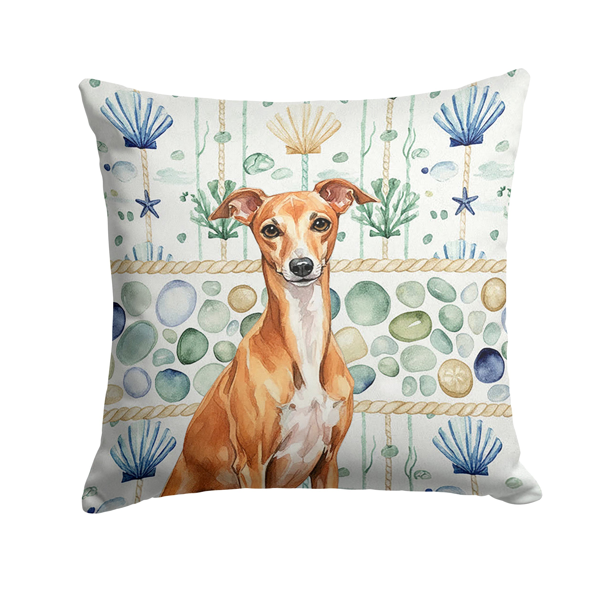 Red Italian Greyhound Coastal Sea Glass Decorative Throw Pillow 14x14 Indoor Outdoor Accent Cushion, Fabric Cover with Insert for Sofa, Bed, Porch & Living Room