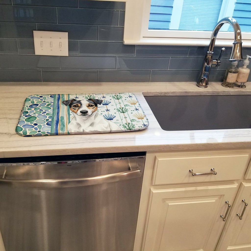White and Black Jack Russell Terrier Coastal Sea Glass Dish Drying Mat Absorbent Dish Drying Mat Pad for Kitchen Counter Dish Drainer Mat for Countertop, 14 x 21", Multicolor