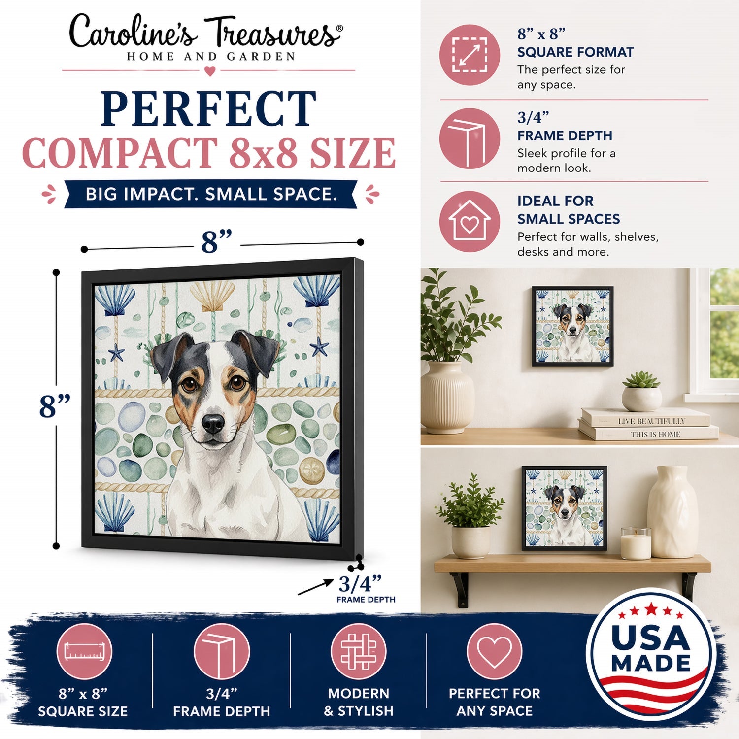 White and Black Jack Russell Terrier Coastal Sea Glass Framed Metal Print Bathroom, Kitchen, Office, Home Decor Wall Art Ready to Hang, Square, 8X8