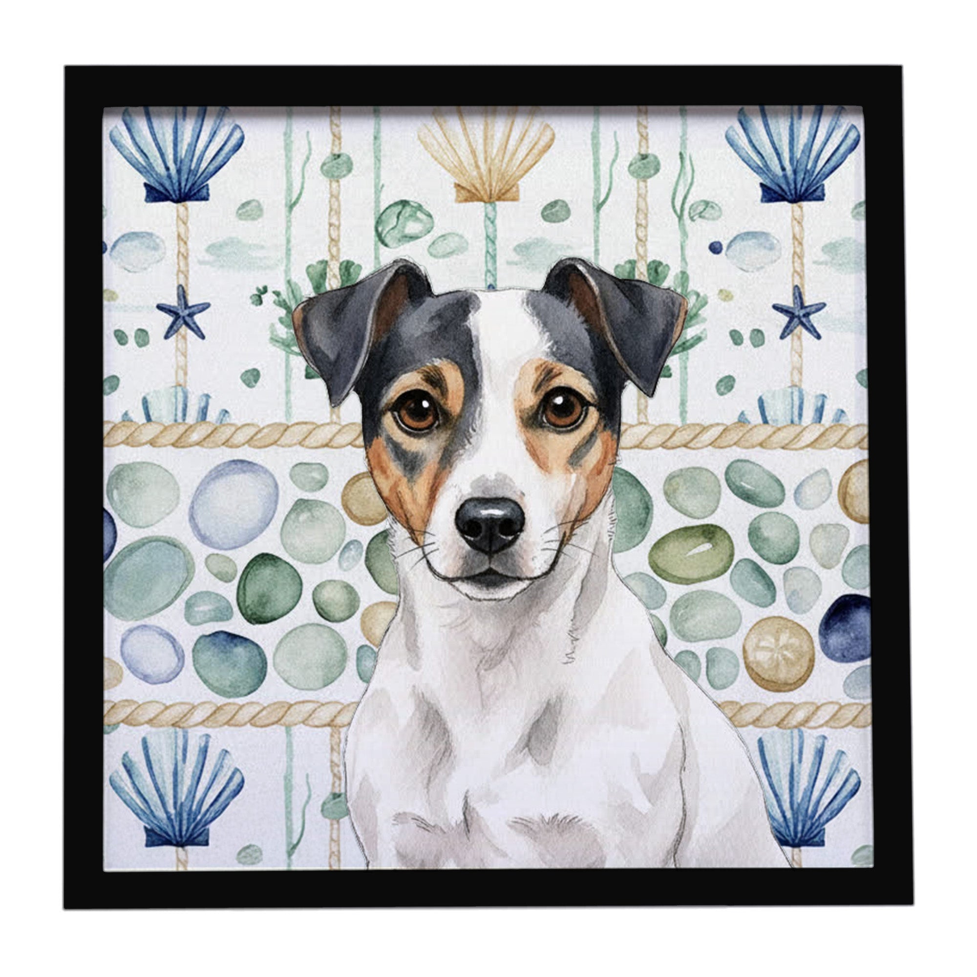 White and Black Jack Russell Terrier Coastal Sea Glass Framed Metal Print Bathroom, Kitchen, Office, Home Decor Wall Art Ready to Hang, Square, 8X8