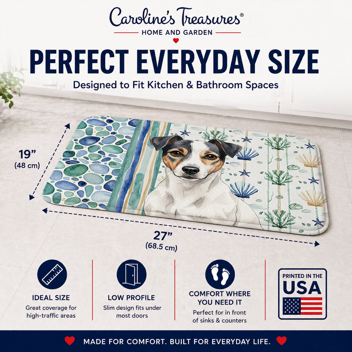 White and Black Jack Russell Terrier Coastal Sea Glass Memory Foam Kitchen Mat Machine Washable Anti-Fatigue Cushion Comfort Bath or Kitchen Rug