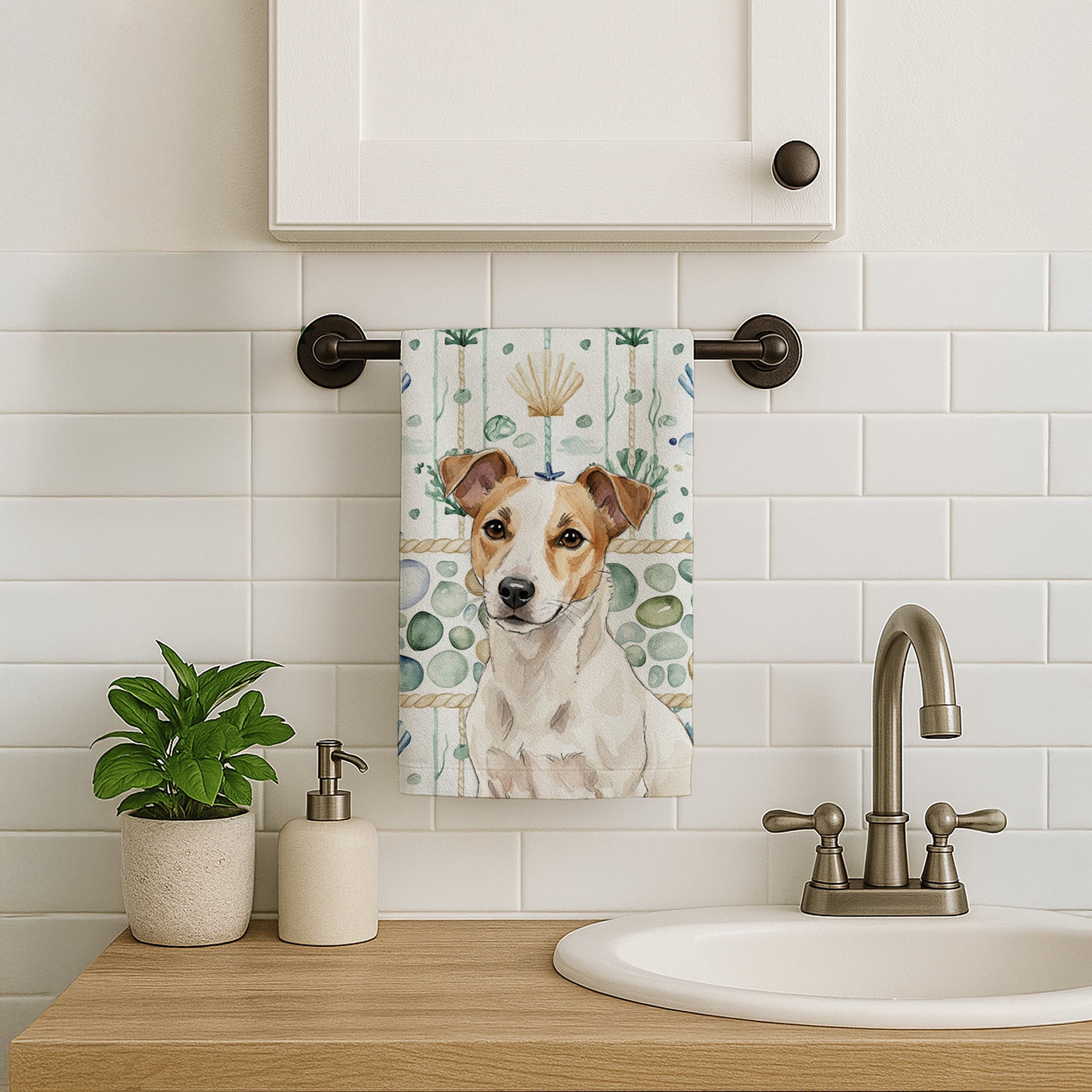 White and Tan Jack Russell Terrier Coastal Sea Glass Kitchen Towel Velour Plush Front and Cotton Loop Back Machine Washable