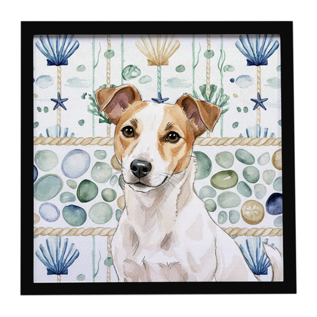 White and Tan Jack Russell Terrier Coastal Sea Glass Framed Metal Print Bathroom, Kitchen, Office, Home Decor Wall Art Ready to Hang, Square, 8X8