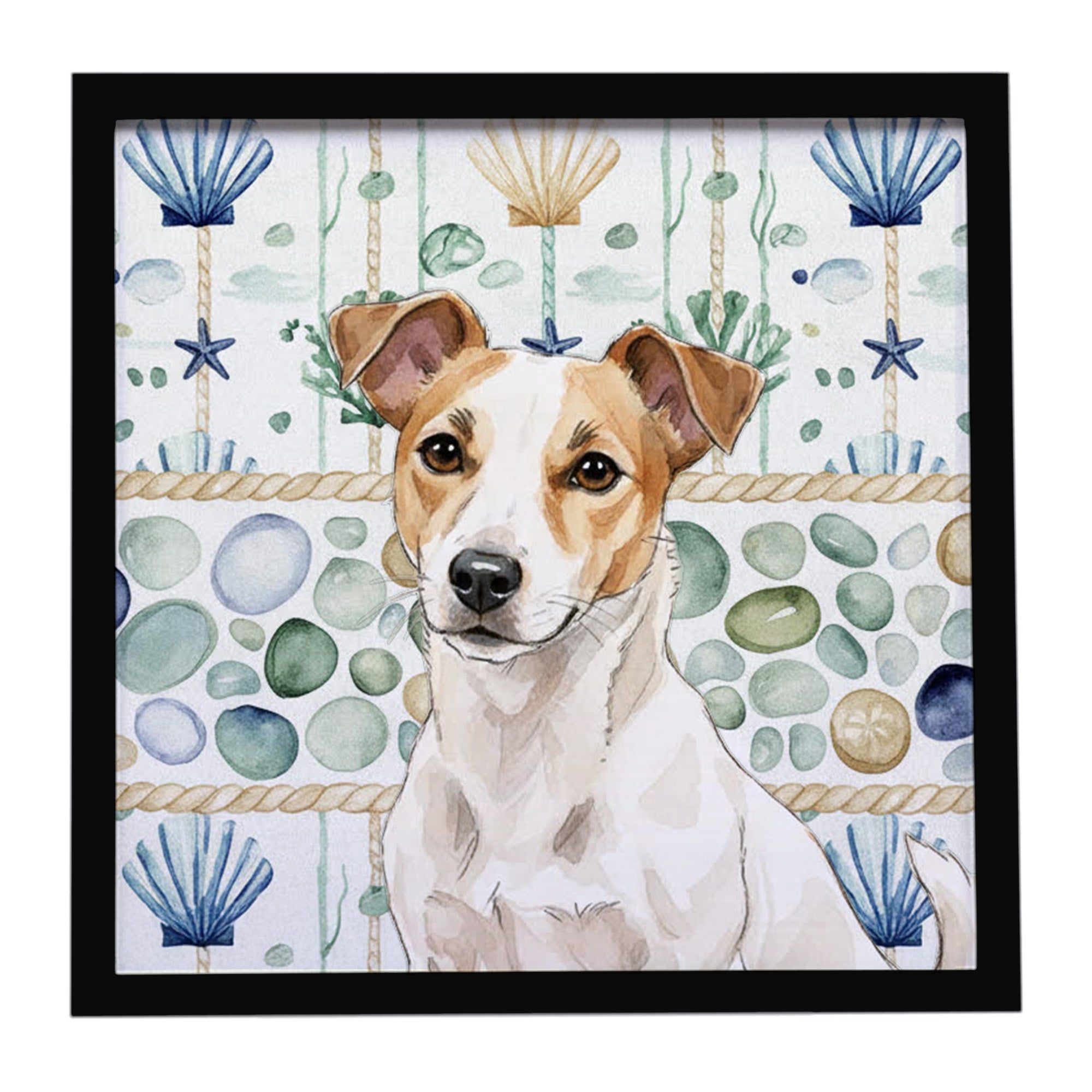 White and Tan Jack Russell Terrier Coastal Sea Glass Framed Metal Print Bathroom, Kitchen, Office, Home Decor Wall Art Ready to Hang, Square, 8X8