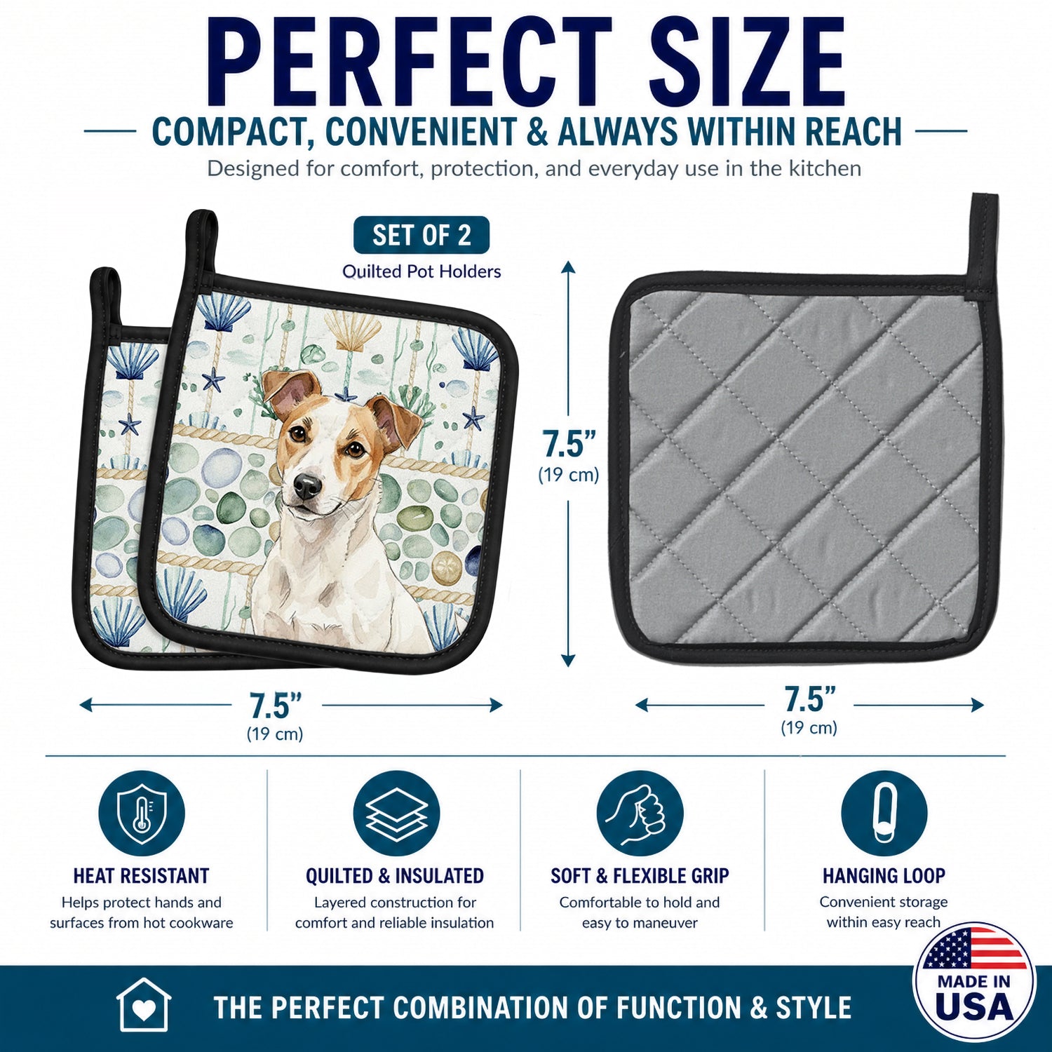 White and Tan Jack Russell Terrier Coastal Sea Glass Pot Holder Set of 2 Heat Resistant Quilted Hot Pads 7.5 x 7.5 Inch, Insulated Kitchen Trivets for Cooking & Baking