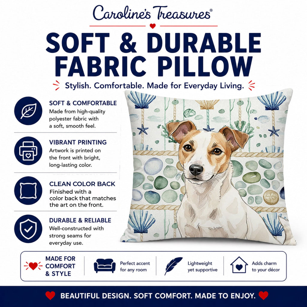 White and Tan Jack Russell Terrier Coastal Sea Glass Decorative Throw Pillow 18x18 Indoor Outdoor Accent Cushion, Fabric Cover with Insert for Sofa, Bed, Porch & Living Room