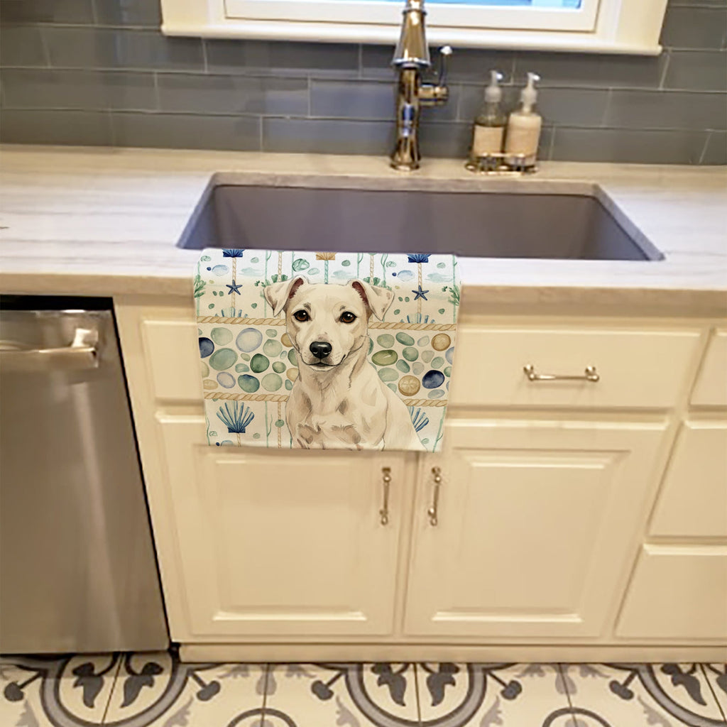 White Jack Russell Terrier Coastal Sea Glass Kitchen Towel Velour Plush Front and Cotton Loop Back Machine Washable