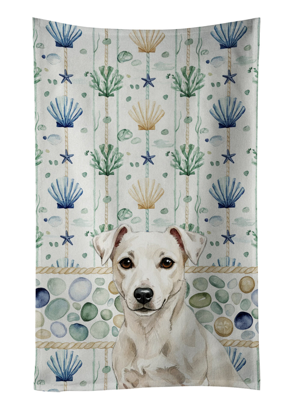 White Jack Russell Terrier Coastal Sea Glass Kitchen Towel Velour Plush Front and Cotton Loop Back Machine Washable