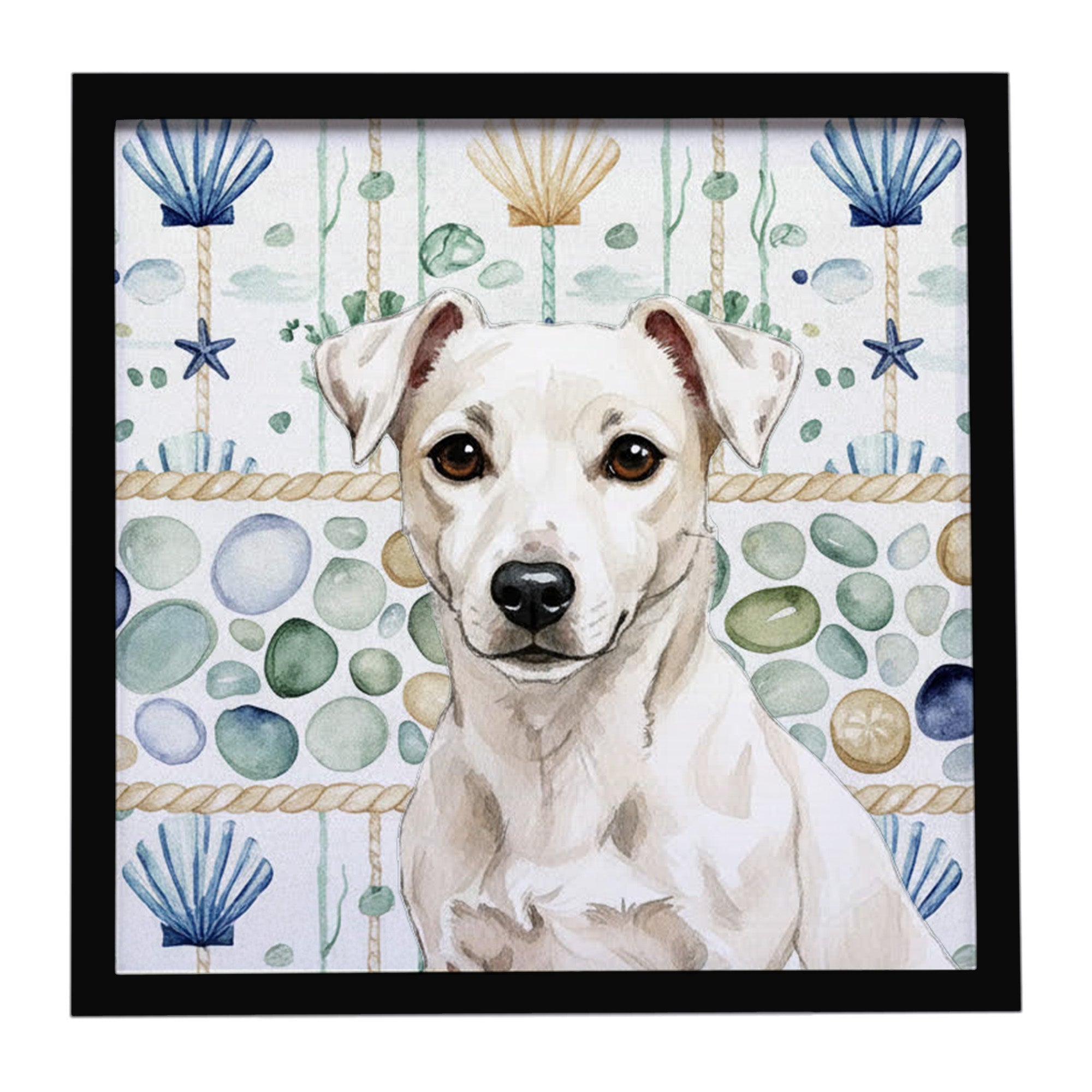 White Jack Russell Terrier Coastal Sea Glass Framed Metal Print Bathroom, Kitchen, Office, Home Decor Wall Art Ready to Hang, Square, 8X8