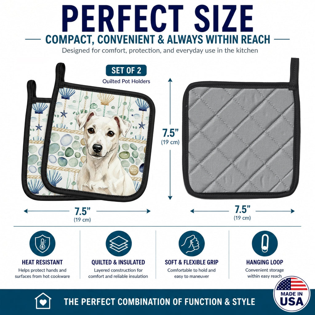 White Jack Russell Terrier Coastal Sea Glass Pot Holder Set of 2 Heat Resistant Quilted Hot Pads 7.5 x 7.5 Inch, Insulated Kitchen Trivets for Cooking & Baking