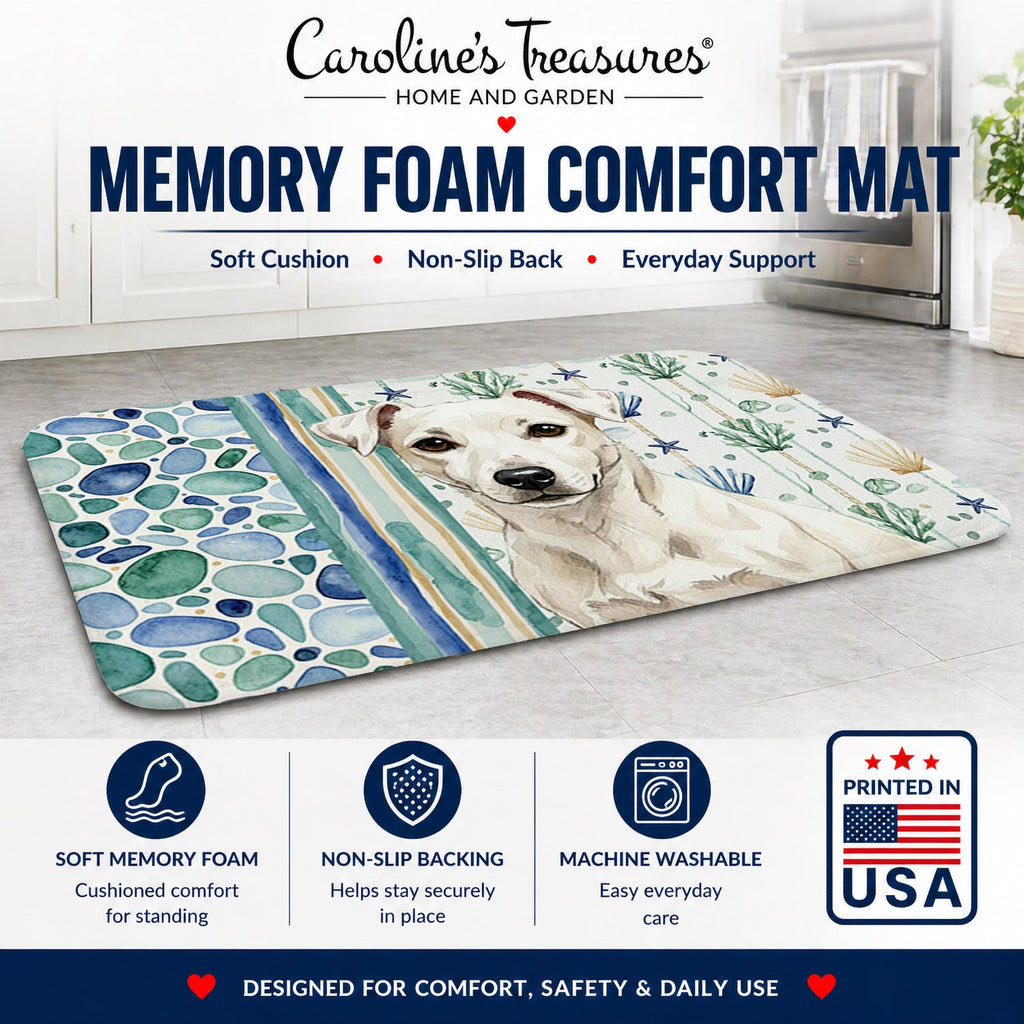 White Jack Russell Terrier Coastal Sea Glass Memory Foam Kitchen Mat Machine Washable Anti-Fatigue Cushion Comfort Bath or Kitchen Rug