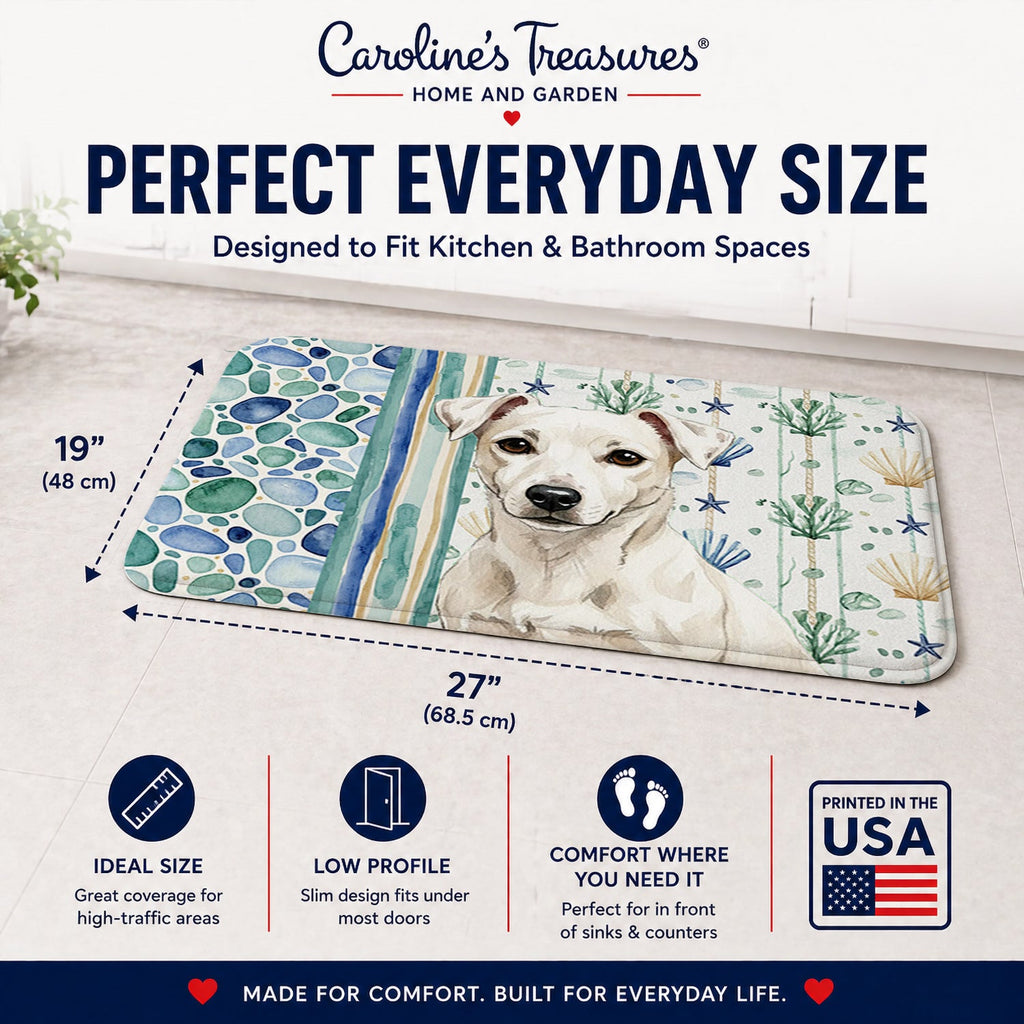 White Jack Russell Terrier Coastal Sea Glass Memory Foam Kitchen Mat Machine Washable Anti-Fatigue Cushion Comfort Bath or Kitchen Rug