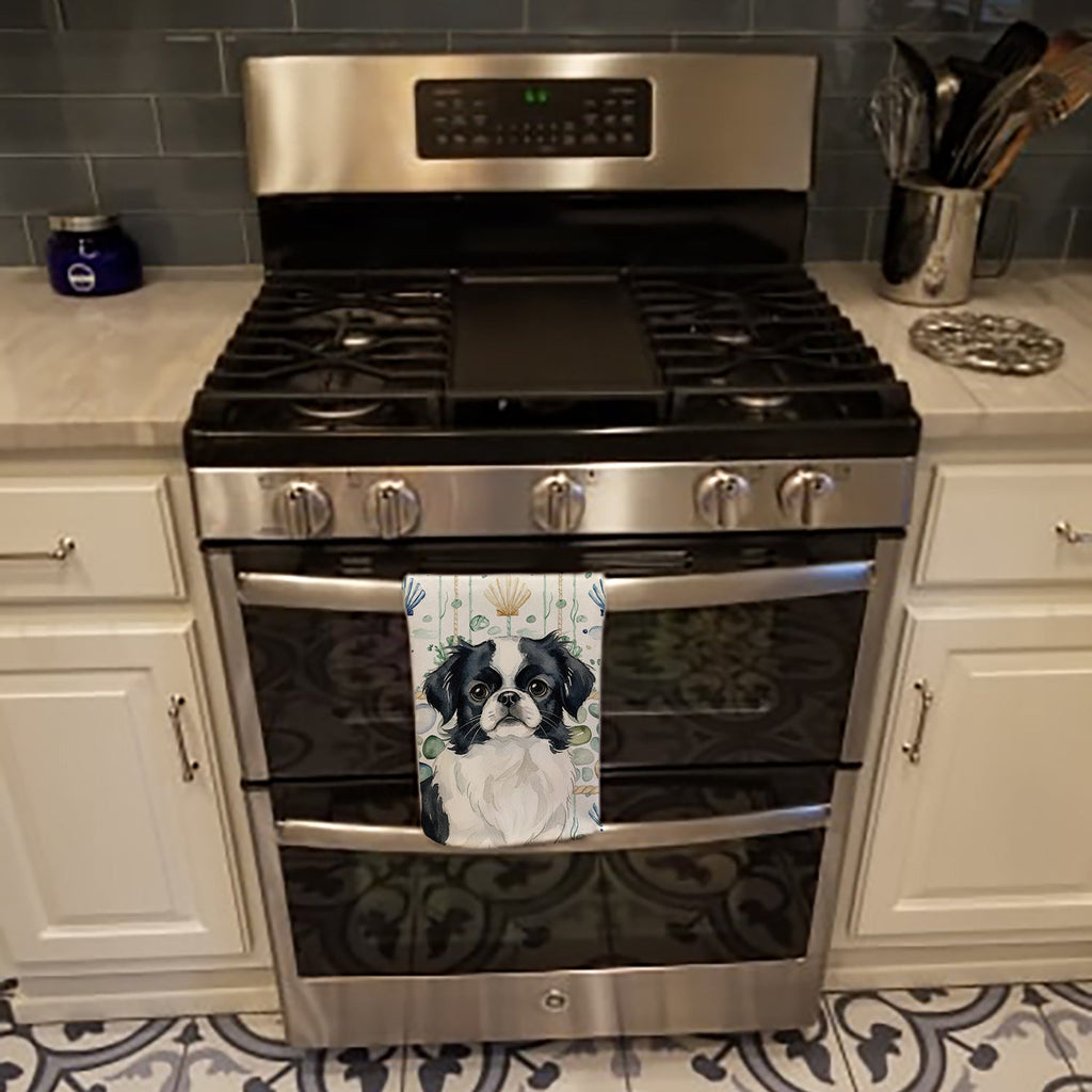 Black and White Japanese Chin Coastal Sea Glass Kitchen Towel Velour Plush Front and Cotton Loop Back Machine Washable