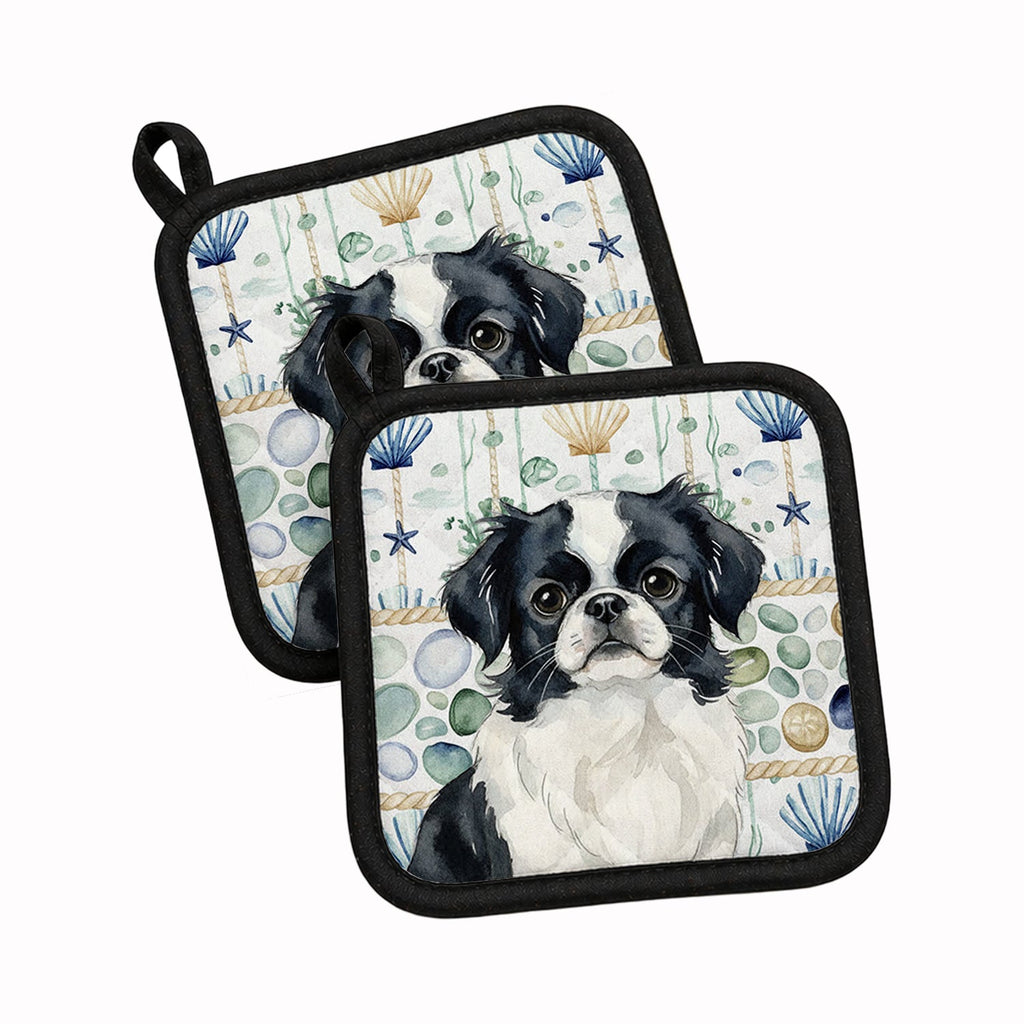 Black and White Japanese Chin Coastal Sea Glass Pot Holder Set of 2 Heat Resistant Quilted Hot Pads 7.5 x 7.5 Inch, Insulated Kitchen Trivets for Cooking & Baking
