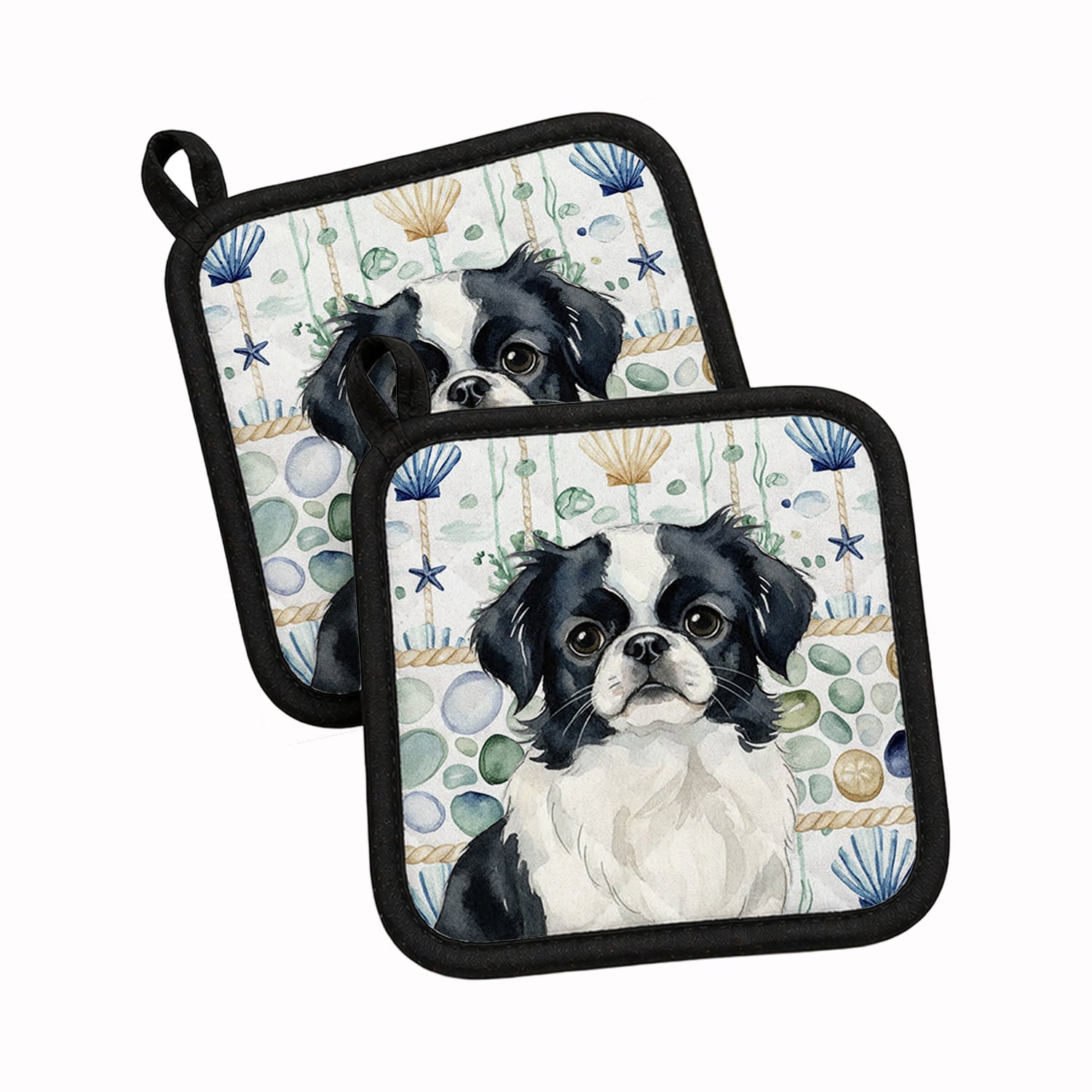Black and White Japanese Chin Coastal Sea Glass Pot Holder Set of 2 Heat Resistant Quilted Hot Pads 7.5 x 7.5 Inch, Insulated Kitchen Trivets for Cooking & Baking