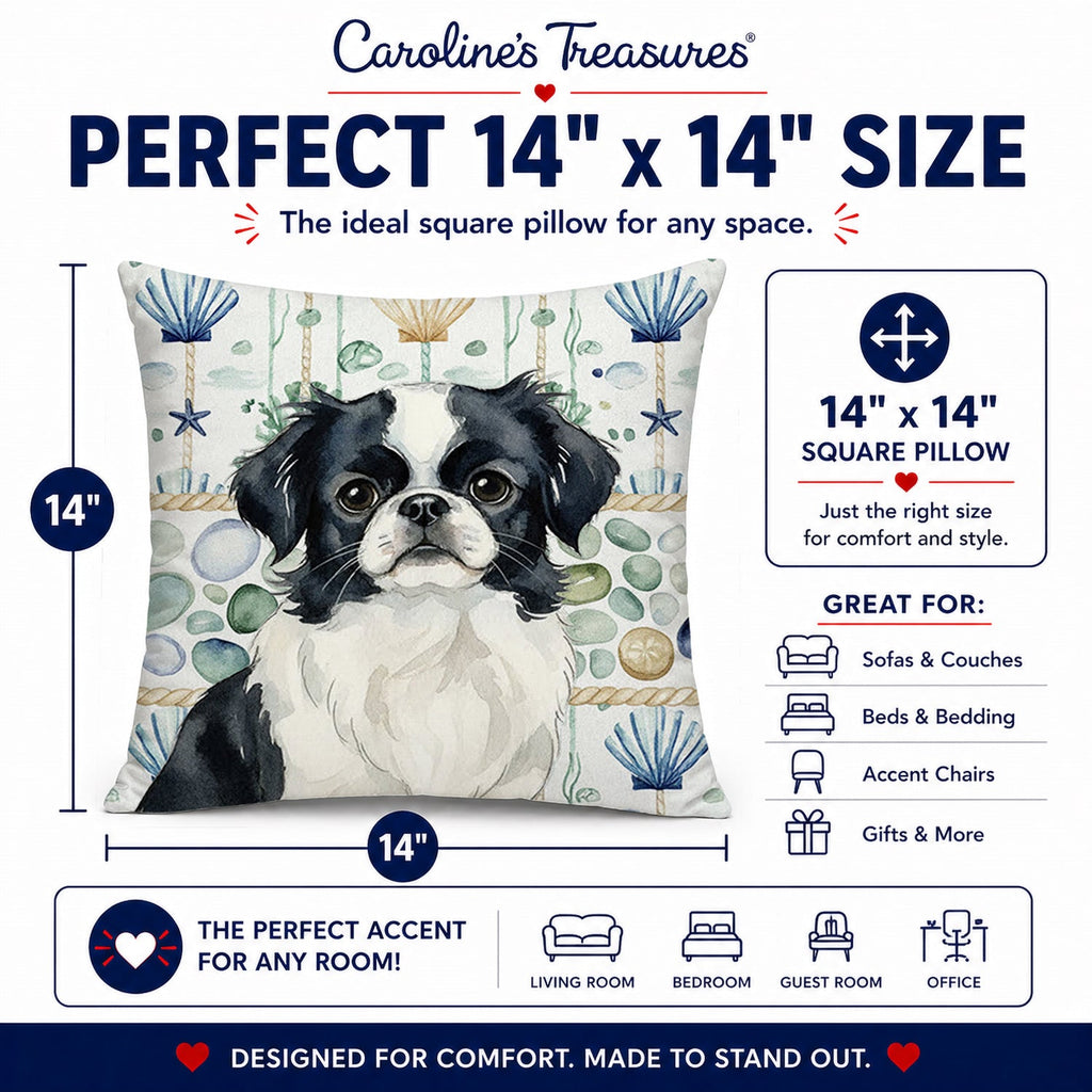 Black and White Japanese Chin Coastal Sea Glass Decorative Throw Pillow 14x14 Indoor Outdoor Accent Cushion, Fabric Cover with Insert for Sofa, Bed, Porch & Living Room