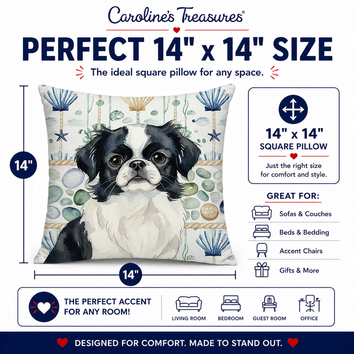 Black and White Japanese Chin Coastal Sea Glass Decorative Throw Pillow 14x14 Indoor Outdoor Accent Cushion, Fabric Cover with Insert for Sofa, Bed, Porch & Living Room