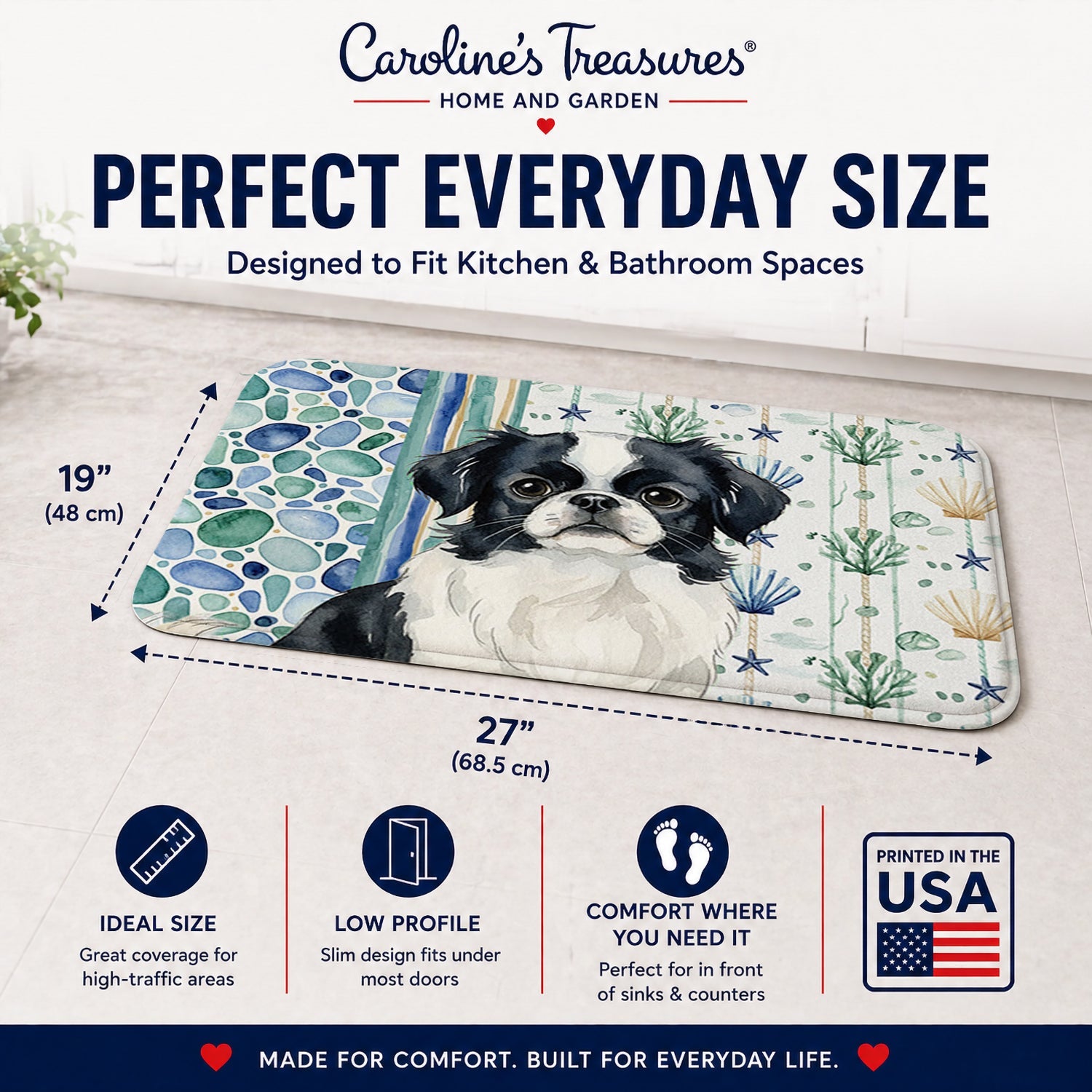 Black and White Japanese Chin Coastal Sea Glass Memory Foam Kitchen Mat Machine Washable Anti-Fatigue Cushion Comfort Bath or Kitchen Rug