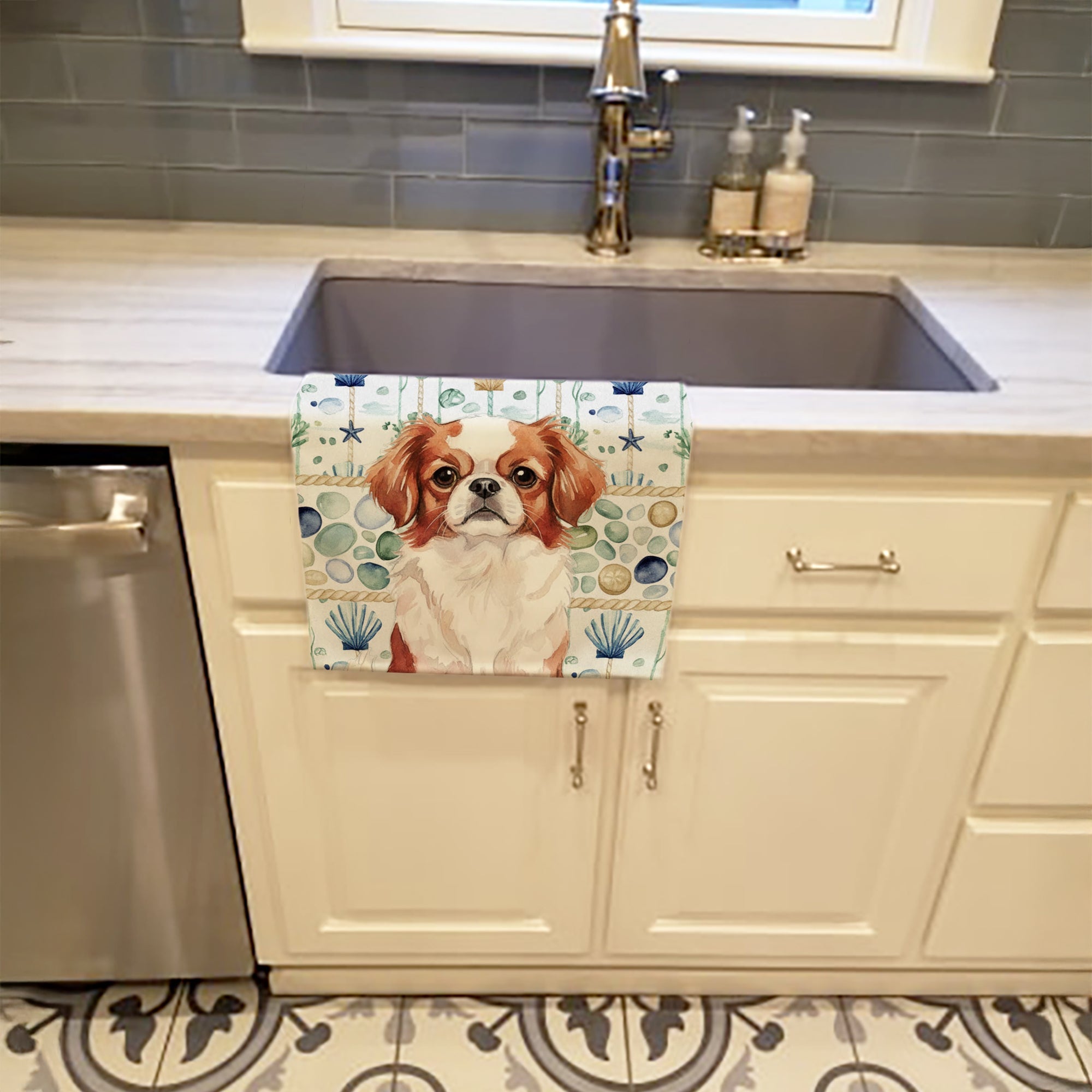Red and White Japanese Chin Coastal Sea Glass Kitchen Towel Velour Plush Front and Cotton Loop Back Machine Washable