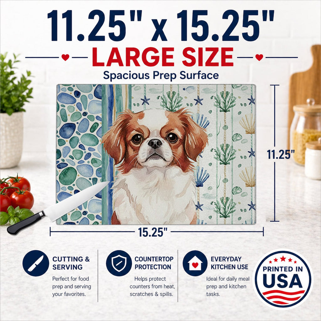 Red and White Japanese Chin Coastal Sea Glass Cutting Board Tempered Glass Kitchen Cutting Surface, Heat Resistant Chopping, Non-Slip Feet, Food Prep & Serving